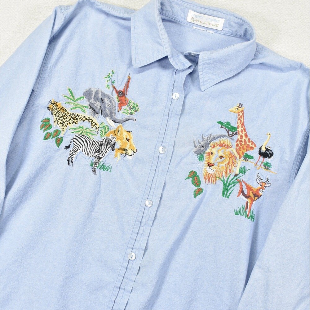 Casey Coleman Embroidered Shirt Safari Jungle Theme Vintage Womens XL Blue